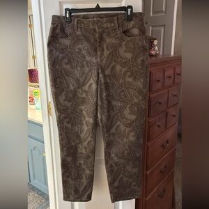Chico’s Brown Paisley Perfect Stretch Girlfriend Slim Leg Anke Pants SZ 2R/Large